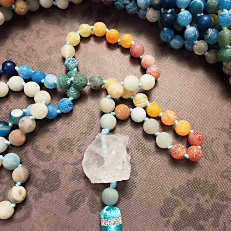 Colorful Gemstone Necklace Tassel Pendant Hippie Bohemian Long Necklace-No Clasp Rainbow Gemstone Necklace with Tassel Hand Knotted