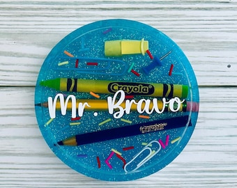 Sparkle in Gratitude: Personalized Teacher Glitter Coasters with Custom Name - Unique Teachers Gift - Crayon and Pencil Design