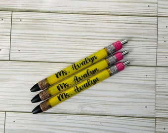 Teacher Glitter Pens - Set of 3 Personalized Pens | Unique Gifts for Teachers | Glitter Pencil Pen | Teacher Appreciation | Grey Trims