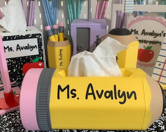 Personalized Pencil Tissue Holder, 3D Printed Teacher Desk Decor, Classroom Tissue Holder, School Office Accessory, Teacher Gift