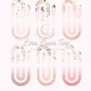 Pode incluir: Download digital com seis designs em forma de mão com padrões florais de rosas e versículos bíblicos. Os designs incluem texto como "A fé pode mover montanhas" em um fundo rosa. O texto "Rose Floral Faith Scripture" está no topo.
