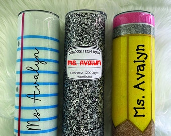 Stainless Steel Teacher Tumbler (You Pick) | 20 oz Lined Paper Tumbler | 20 oz Composition Notebook Tumbler | 20 oz Yellow Pencil Tumbler