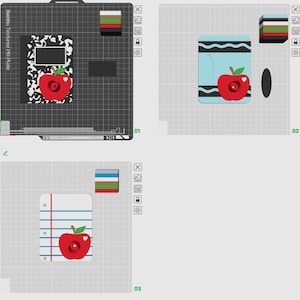 Puede incluir: Tres diseños digitales para impresión 3D con motivos de manzana. El primero muestra una cubierta de cuaderno moteada en blanco y negro, el segundo un recipiente azul claro con líneas onduladas y el tercero una hoja de papel rayada con agujeros.