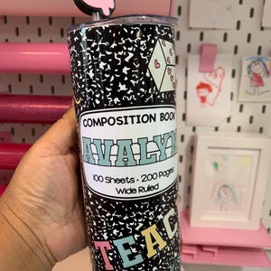 20oz Stainless Steel Composition Doodle Custom Tumbler with Straw Topper – Personalized Teacher Gift