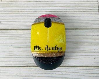 Pencil Wireless Mouse | Teacher Gifts | Yellow Pencil Glitter | Unique Wireless Mouse for Teachers