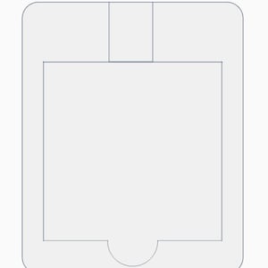 May include: A white card holder with rounded corners and a small, rectangular section at the top. The card holder has a curved cutout at the bottom and thin, dark grey outlines.