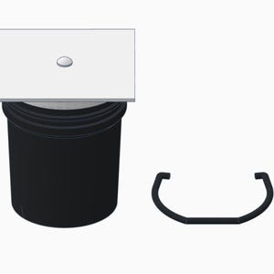 May include: A black bucket with a white lid and a small silver button in the centre. A black, curved handle is positioned to the right of the bucket. The bucket is cylindrical and appears to be made of plastic.