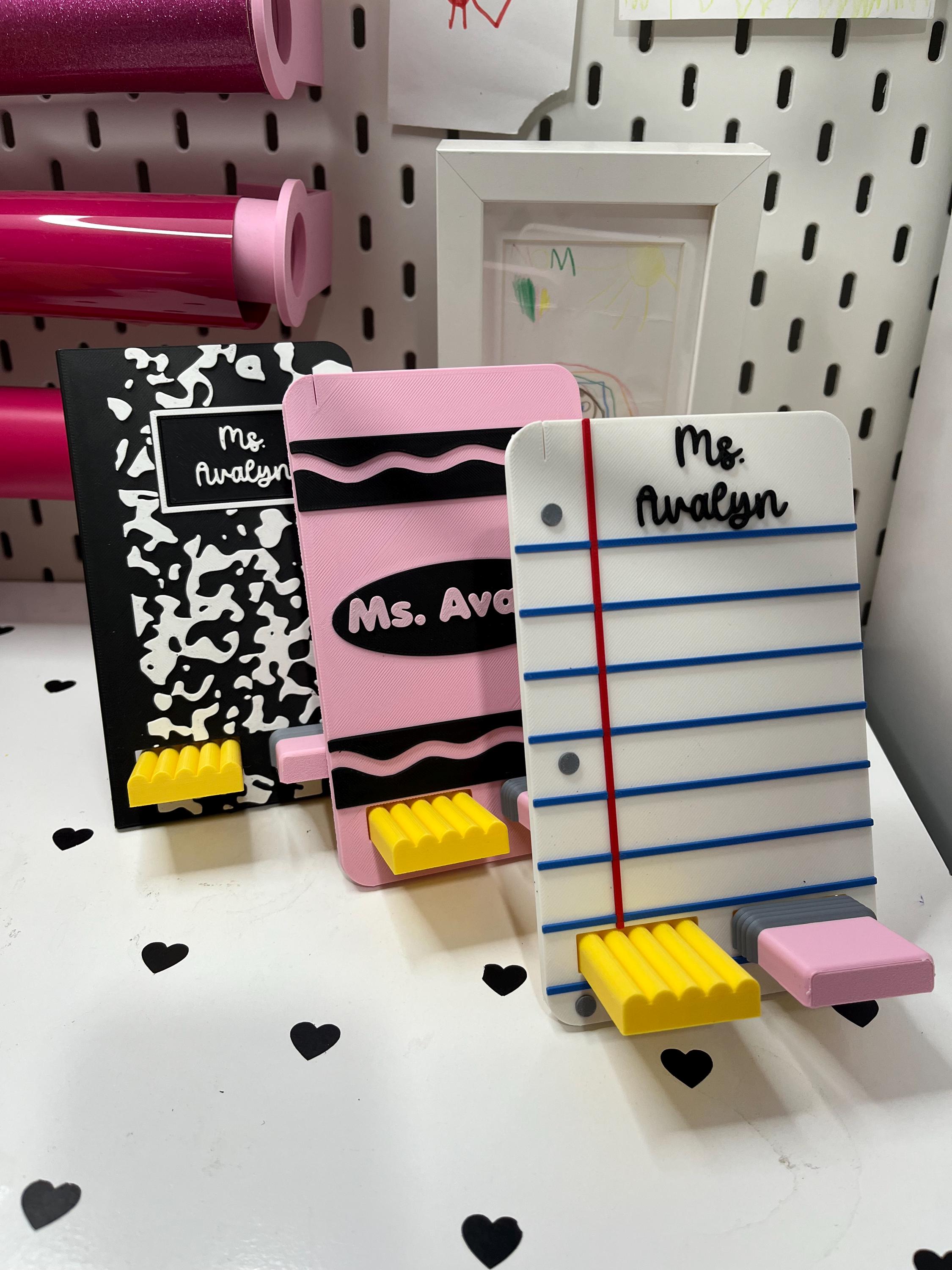 Listing photo: Personalized Phone Stand | Composition Notebook | Lined Paper | Crayon | 3D Printed Desk Holder (Teacher Gift)