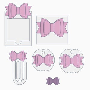 May include: A collection of pink bow-shaped designs. The designs include a bow on a rectangular shape, a square, a paperclip, two circular tags, and a small bow. All designs have a light blue outline.
