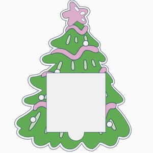 May include: A green Christmas tree-shaped light switch cover with a pink star on top. The tree has a pink garland and white ornaments. The center is a white square for the switch.