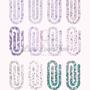 May include: A digital download featuring nine decorative paper clips with a pastel goth theme. Each clip is a unique design, filled with skulls, cupcakes, and other spooky elements. The text "Pastel Goth Spooky 2" and "Digital download No Physical Item" are visible.