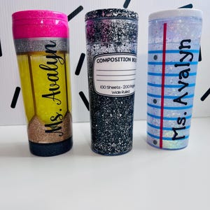 Glitter Snow Globe Teacher Tumbler 18 oz: Pencil, Lined Paper, Composition Notebook