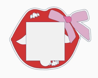 May include: A red lips-shaped design with a white square in the center and a pink bow on the right side. The lips have a white outline and a white highlight on the bottom lip. The bow is light pink with a darker pink center.