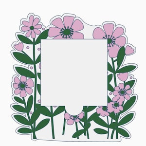 May include: A floral-themed square sticker with a white center. The sticker features pink flowers with green leaves and stems, outlined in a dark blue. The design has a whimsical, hand-drawn aesthetic, suitable for scrapbooking or crafts.