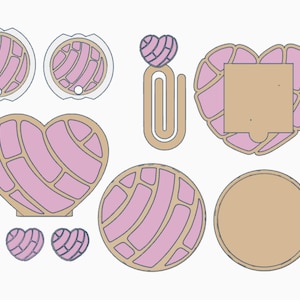 Könnte beinhalten: Eine Sammlung lasergeschnittener Holzformen in Hellbraun und Rosa. Die Formen umfassen zwei runde Ohrringe, einen herzförmigen Ohrring, eine Büroklammer, einen herzförmigen Anhänger, einen runden Anhänger und zwei kleine herzförmige Charms.