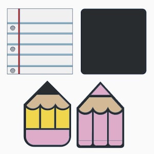 Op de afbeelding: Een illustratie met schoolbenodigdheden. Het bevat een vel gelijnd papier met gaten, een zwart vierkant en twee potloden. Eén potlood is geel, de andere roze, beide met zwarte punten.