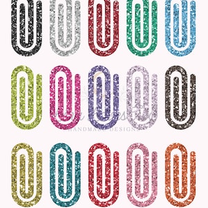 May include: A collection of glittery paperclip designs in various colors, including black, silver, red, green, and blue. The image also includes the text "Chunky Glitter" and "Digital download No Physical Item".