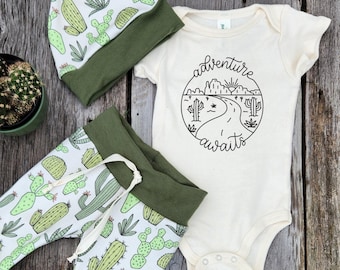Bio-Kaktus-Babykleidung: Baumwollleggings, Bodysuit und Hutoptionen, Südwestbaby