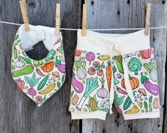 Gardening baby clothes, oganic summer clothes, baby outfit, toddler shorts, organic baby clothes, vegetable baby shorties, vegetarian baby