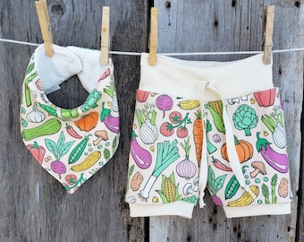 Organic Baby Shorts: Vegetable Print, Summer Outfit, toddler farmers market