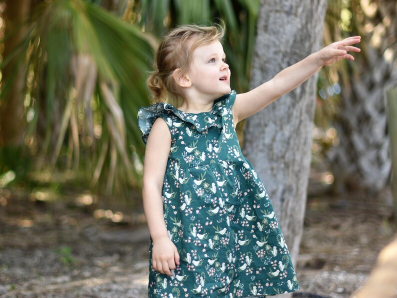 vintage style dress, organic baby toddler dress, Baby gift, Bohemian baby dress, Boho baby clothes, emerald dress, bird baby dress, toddler image 5