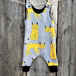 Lynx organic baby romper, Big cat harem romper, organic cotton baby clothes, gender neutral romper, boy or girl romper. image 1