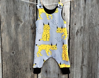 Lynx organic baby romper, Big cat harem romper, organic cotton baby clothes, gender neutral romper, boy or girl romper.