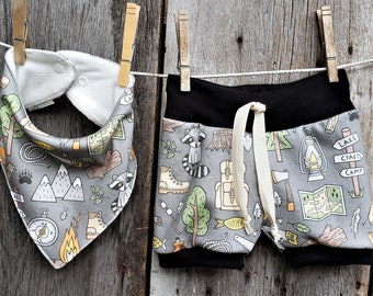 Organic Baby Camping Outfit: Cotton Shorts & Bandana Bib