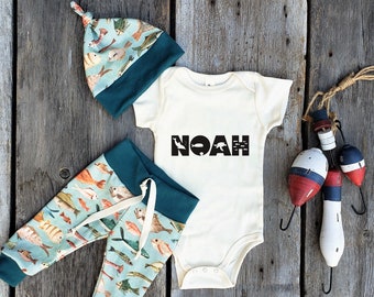 Personalized Organic Cotton Fish Baby Outfit, Fishing Theme Layette