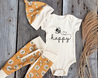 Organic baby set, Bee baby clothes, baby shower gift, Honey bee, bee happy, coming home outfit