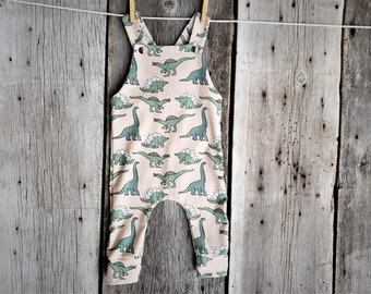 Dinosaur baby romper, organic baby clothes, baby overalls, baby dungarees, organic romper, dino baby