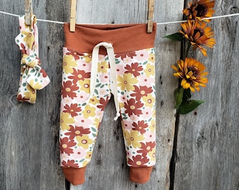 Rust floral baby leggings, Organic baby clothes, rust baby clothes, fall baby outfit, baby girl gift, baby girl joggers, outfit set