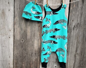 Fishing baby clothes, organic baby clothes, baby boy romper, harem romper, pike baby, beach baby,cloth diaper clothes