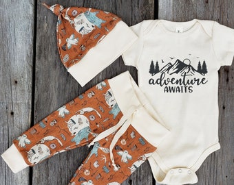 Woodland baby clothes, Organic baby outfit, baby leggings and bodysuit, Mountain baby, Adventure awaits, coming home outfit, owl, wolf, bear