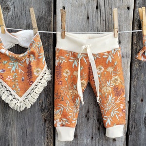 Fall floral baby clothes, organic baby outfit, marigold baby,  baby jogger leggings, baby girl pants