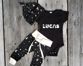 Personalized organic baby outfit options, space baby clothes, modern baby clothes, baby shower gift, coming home outfit, minimalist