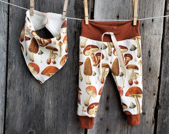 Organic mushroom baby pants, Vintage botanical baby, gender neutral baby, organic baby leggings, baby joggers, amanita morel mushroom