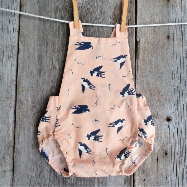 Organic Baby Romper: Vintage Blush Bird Print, Boho Style