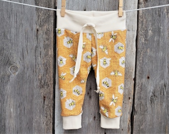 Organic bee baby leggings, gender neutral baby, organic baby joggers,  honey bees, Made in USA