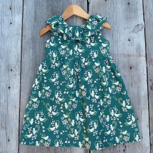 vintage style dress, organic baby toddler dress, Baby gift, Bohemian baby dress, Boho baby clothes, emerald dress, bird baby dress, toddler image 7