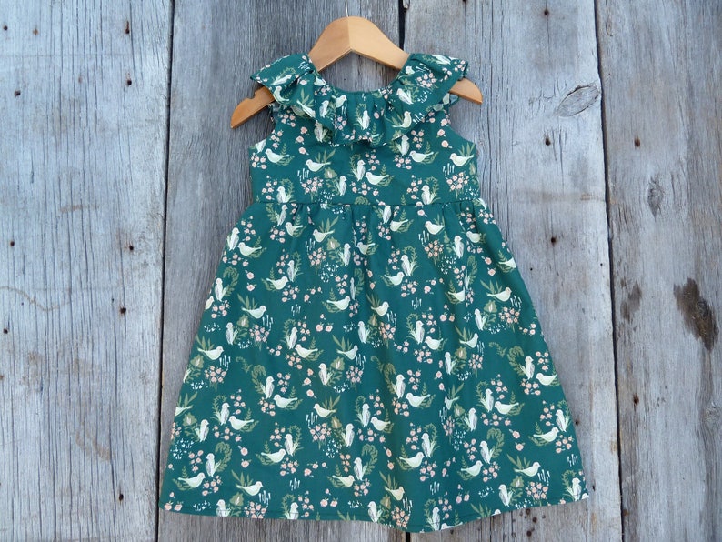 vintage style dress, organic baby toddler dress, Baby gift, Bohemian baby dress, Boho baby clothes, emerald dress, bird baby dress, toddler image 7