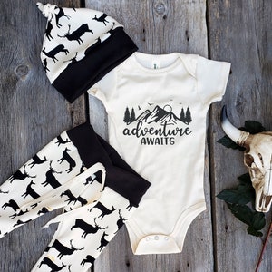 Deer baby clothes, Adventure awaits organic baby outfit, baby leggings and bodysuit, baby shower gift, coming home outfit image 1