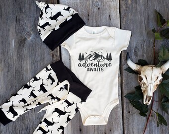 Deer baby clothes, Adventure awaits organic baby outfit, baby leggings and bodysuit, baby shower gift, coming home outfit