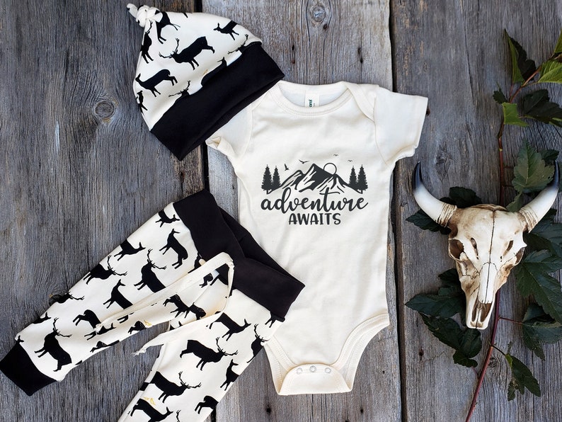 Deer baby clothes, Adventure awaits organic baby outfit, baby leggings and bodysuit, baby shower gift, coming home outfit image 1