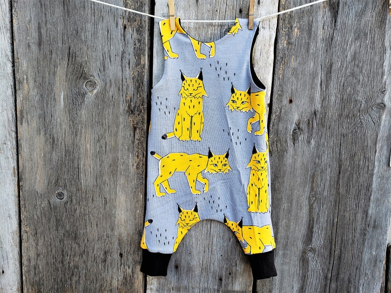 Lynx organic baby romper, Big cat harem romper, organic cotton baby clothes, gender neutral romper, boy or girl romper. image 4