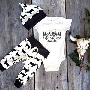 Deer baby clothes, Adventure awaits organic baby outfit, baby leggings and bodysuit, baby shower gift, coming home outfit image 2