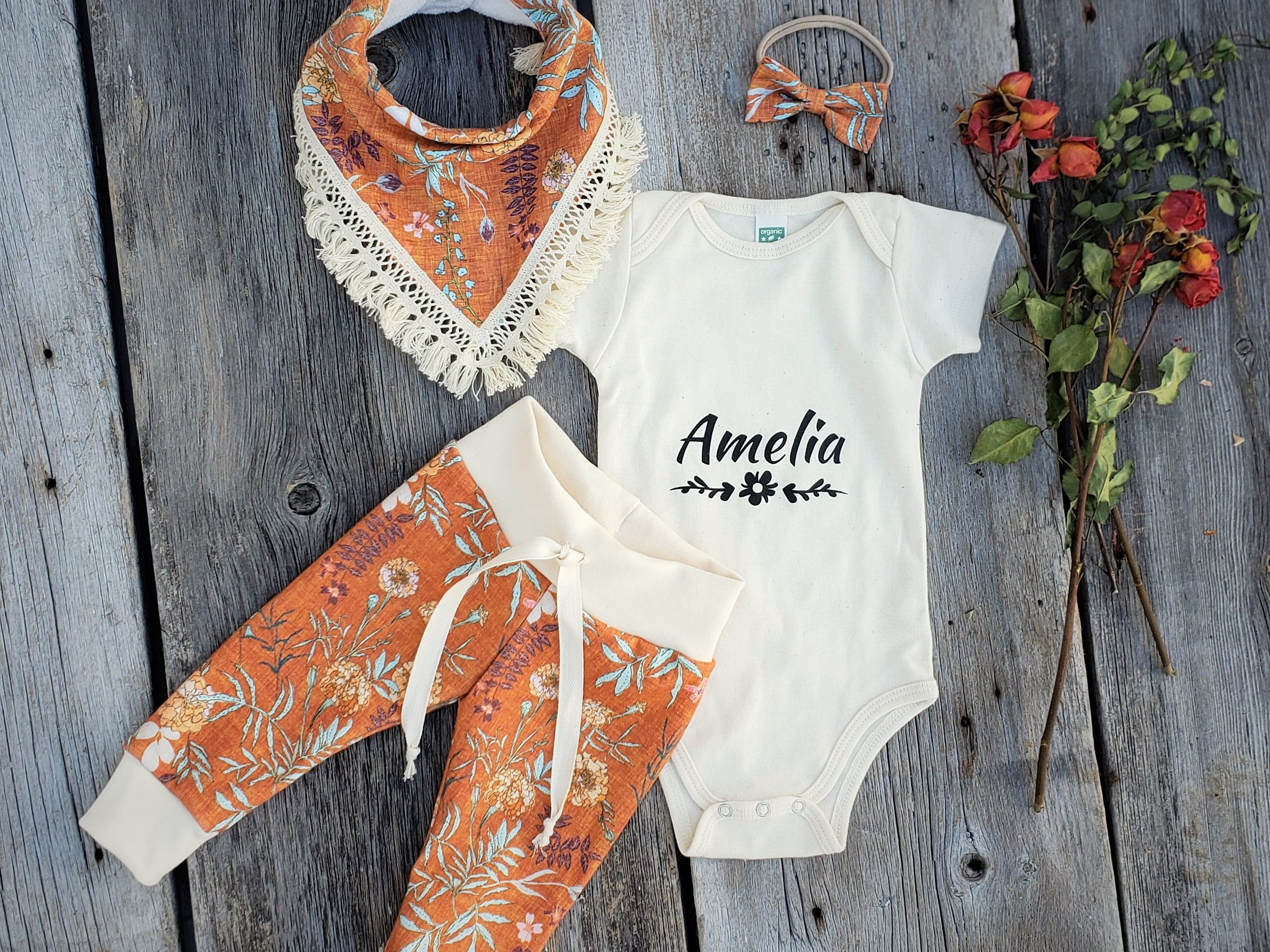 Personalized Organic Baby Outfit: Marigold Floral Clothing Set