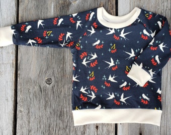 Swallow baby top, Organic cotton bird long sleeve sweater, winter bbby top, handmade USA baby clothes