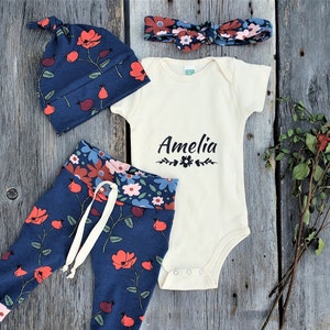 Personalized organic baby outfit, Poppy baby clothes, coming home outfit, floral baby outfit, baby girl clothing set