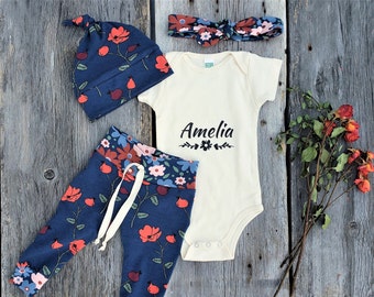 Personalized organic baby outfit, Poppy baby clothes, coming home outfit, floral baby outfit, baby girl clothing set